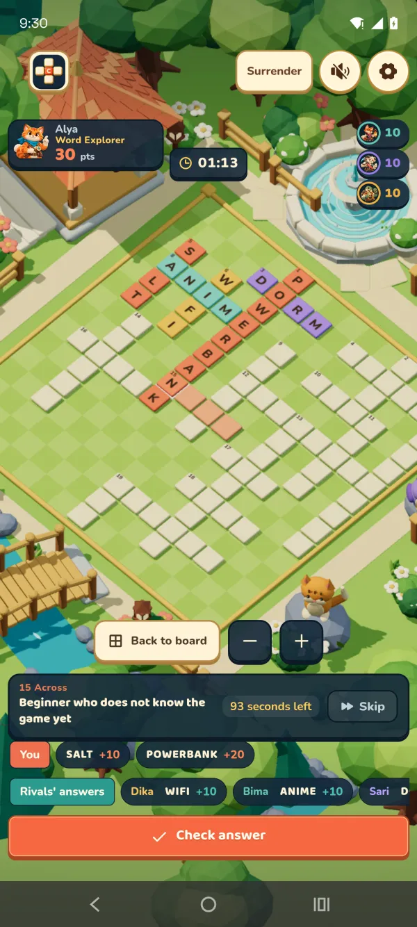 A four-player round of Crosswold: the board in a garden arena, rivals' answers below.