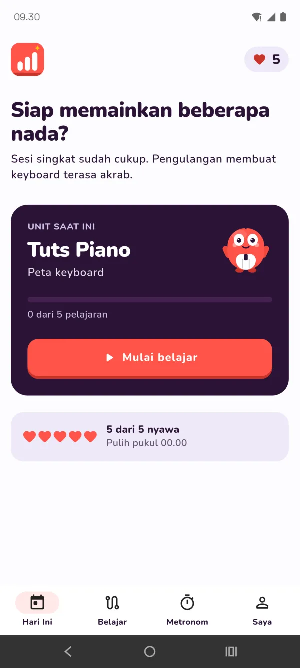 EzPiano's Today screen: the current unit, Piano Keys, and the day's hearts.