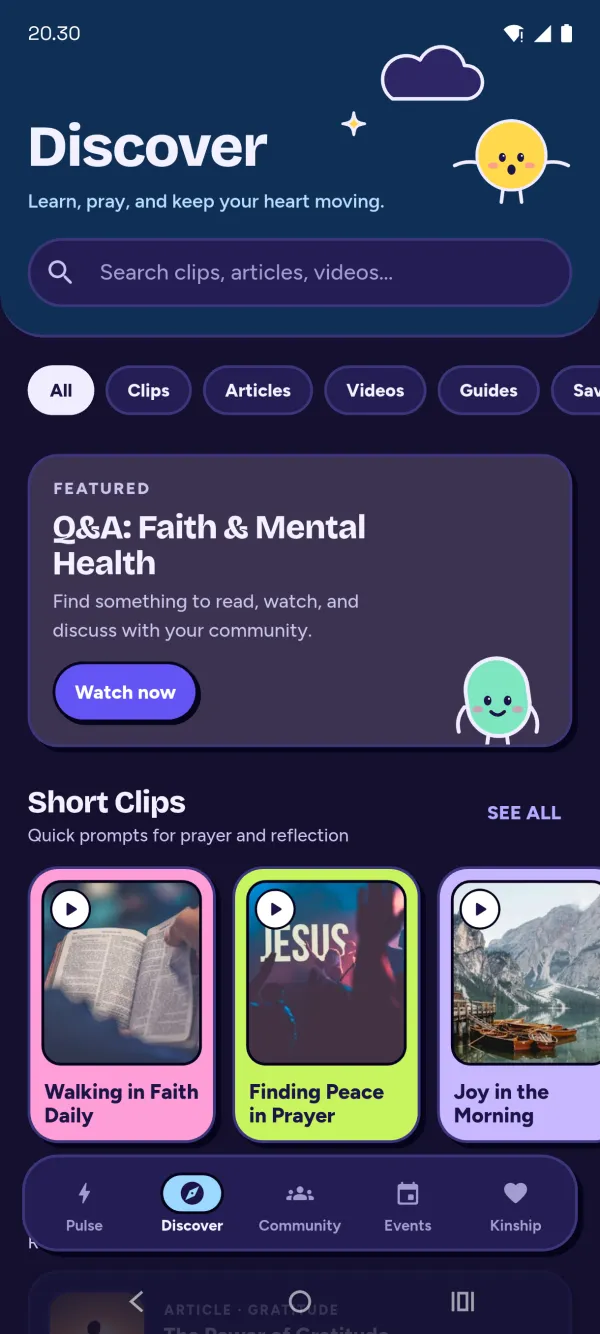 Tab Discover di Kinlo: Q&A pilihan dan klip pendek buat doa dan refleksi.