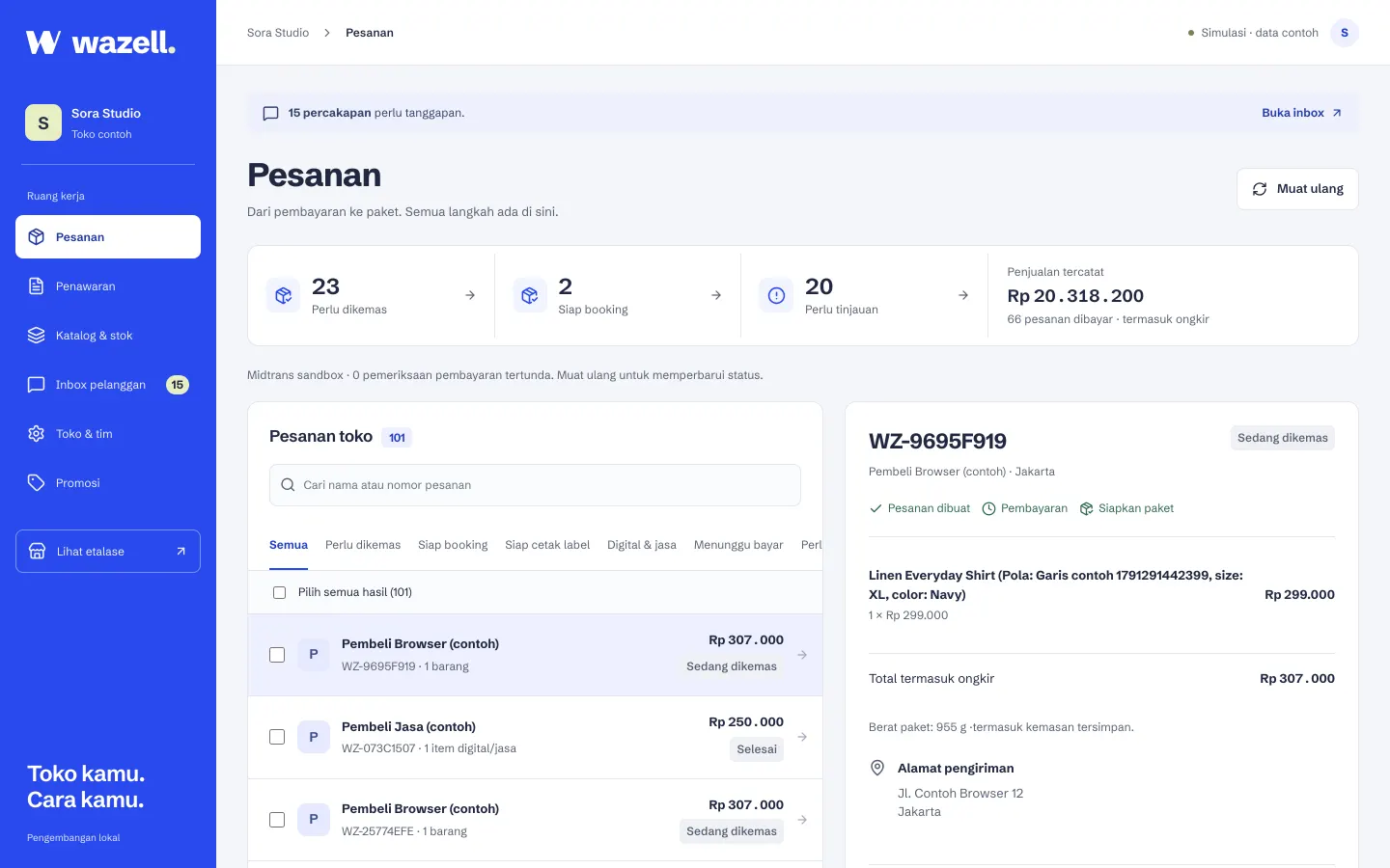 Wazell's order desk: orders to pack, bookings and recorded sales, with one order open.